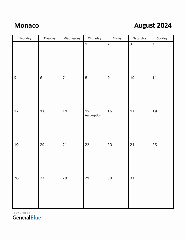 August 2024 Calendar with Monaco Holidays
