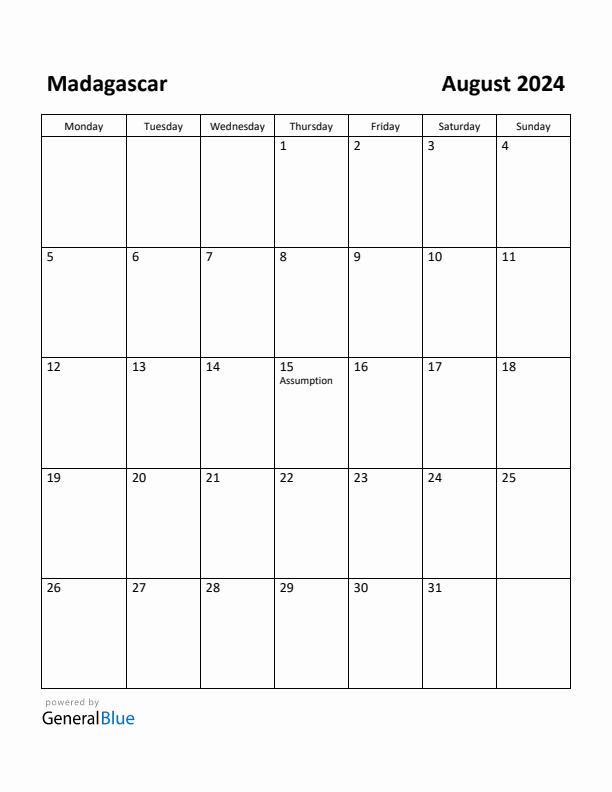 August 2024 Calendar with Madagascar Holidays