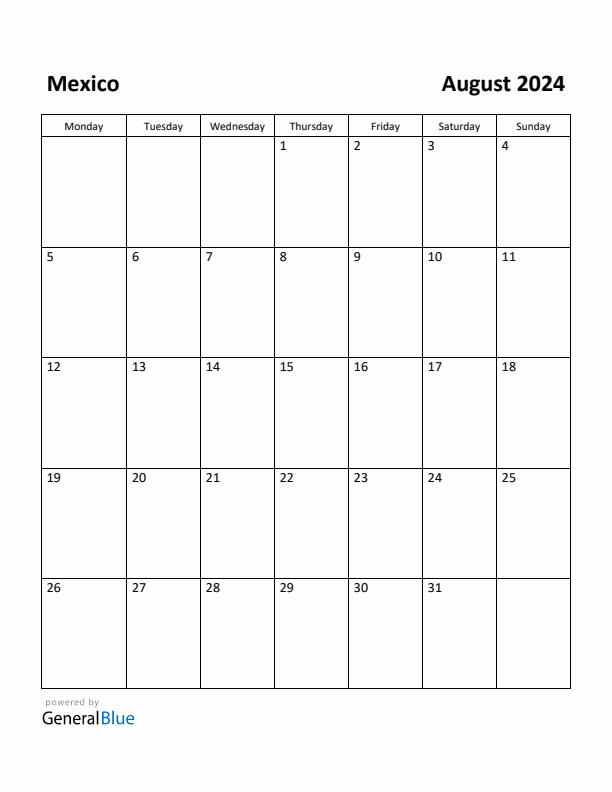 August 2024 Calendar with Mexico Holidays