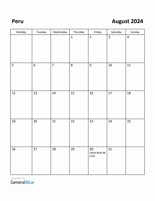 August 2024 Calendar with Peru Holidays