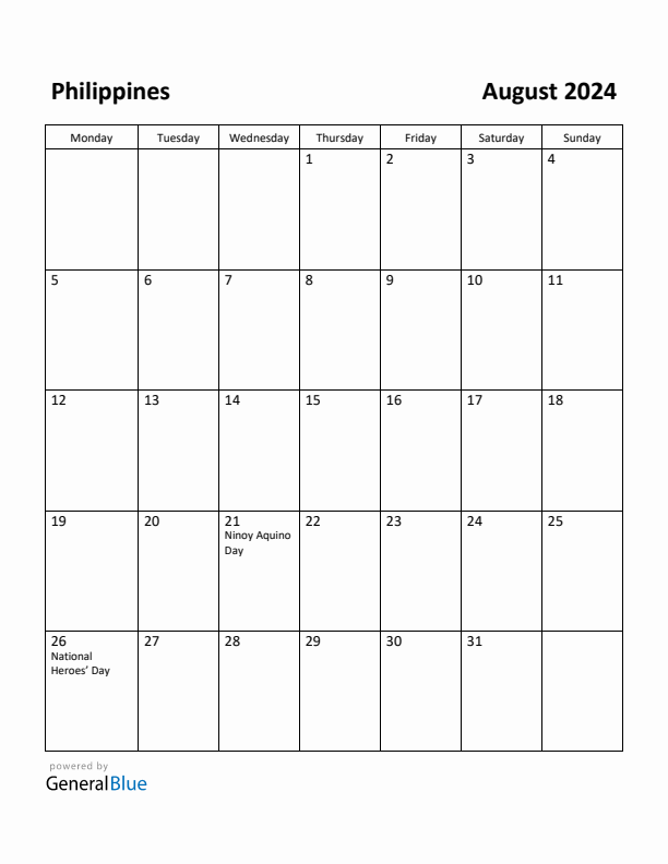 Free Printable August 2024 Calendar for Philippines
