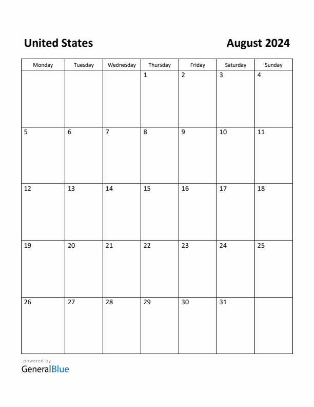 Free Printable August 2024 Calendar for United States