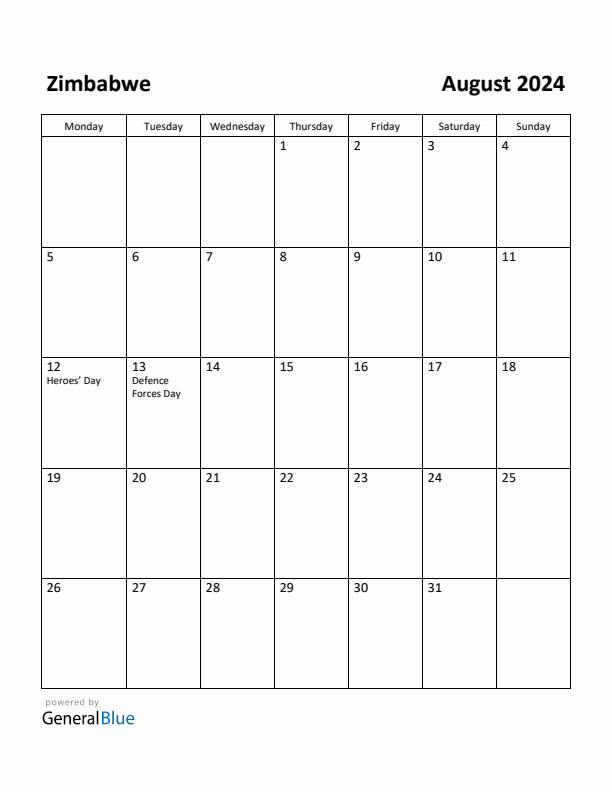August 2024 Calendar with Zimbabwe Holidays