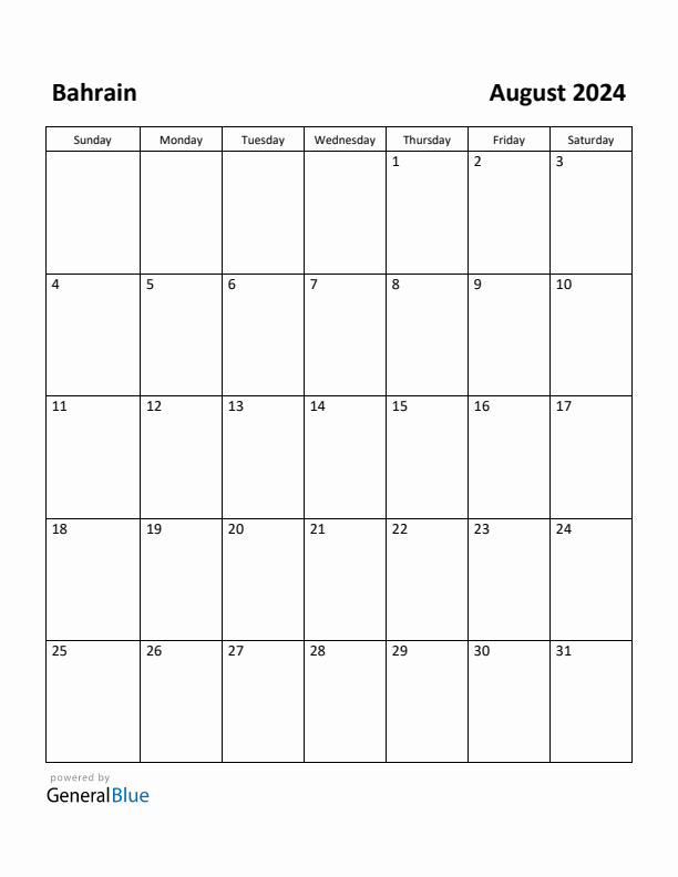 August 2024 Calendar with Bahrain Holidays