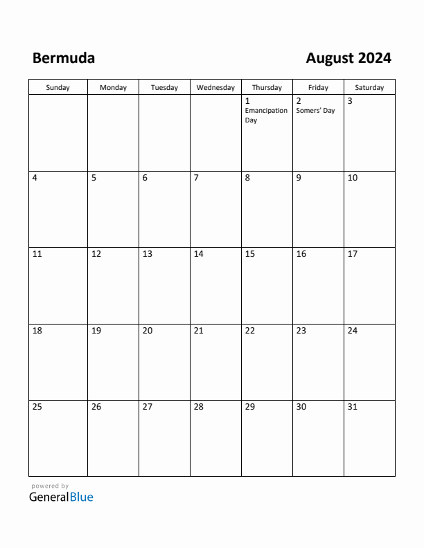 August 2024 Calendar with Bermuda Holidays