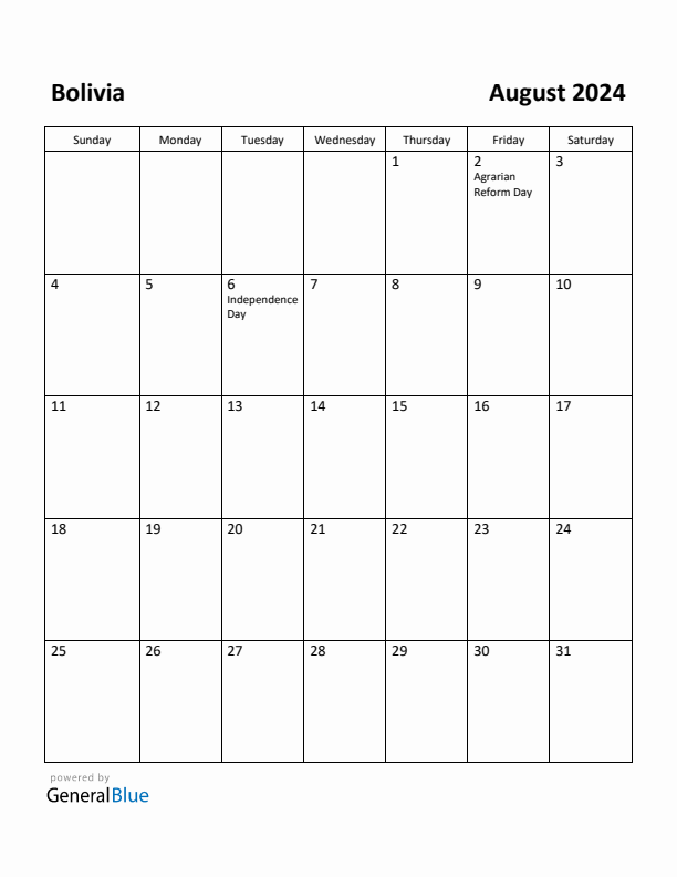 August 2024 Calendar with Bolivia Holidays