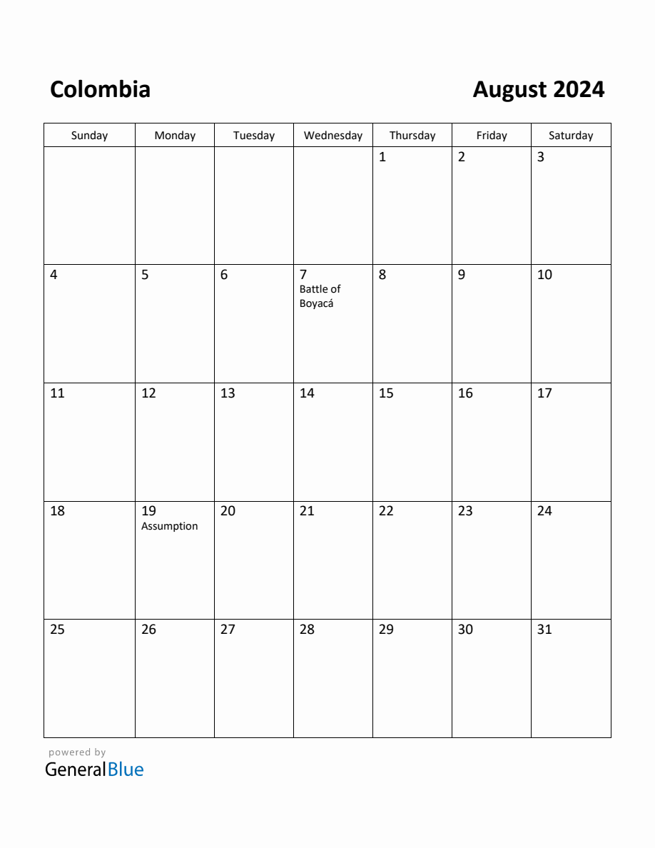 Free Printable August 2024 Calendar for Colombia