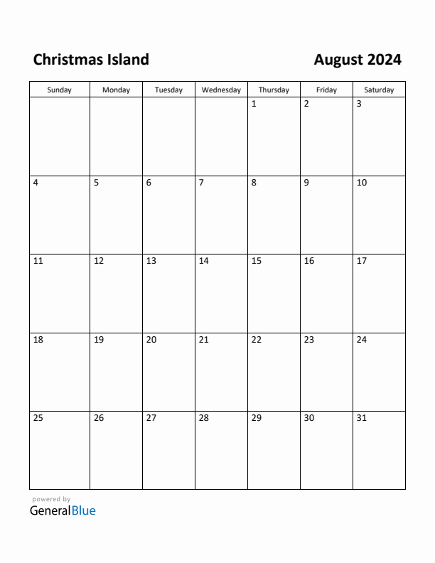 August 2024 Calendar with Christmas Island Holidays