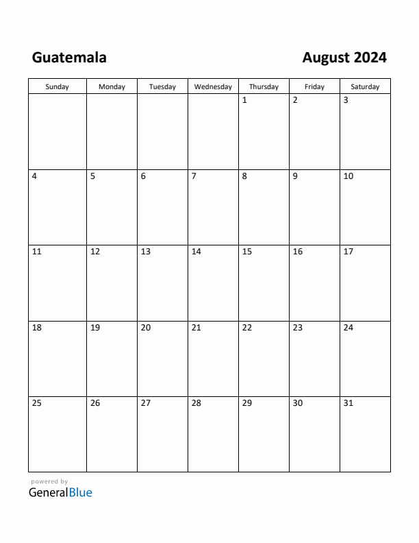 August 2024 Calendar with Guatemala Holidays
