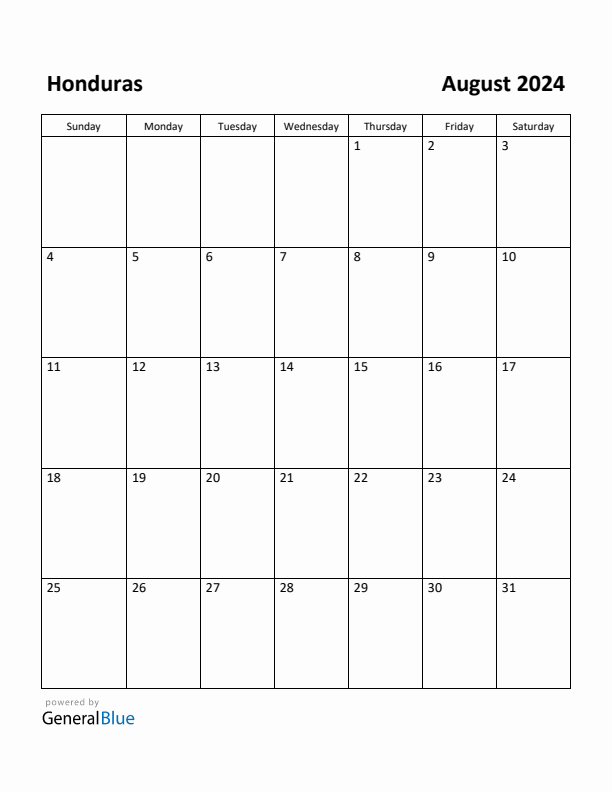 August 2024 Calendar with Honduras Holidays