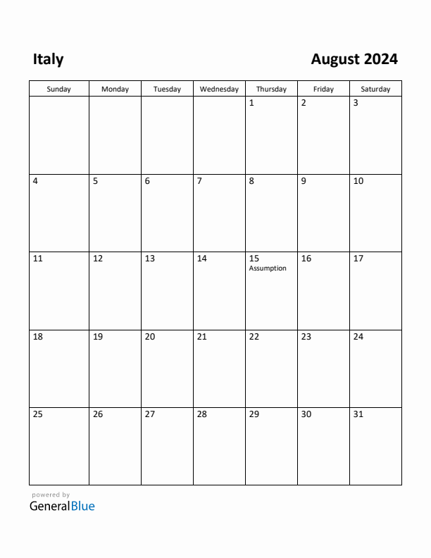 Free Printable August 2024 Calendar for Italy