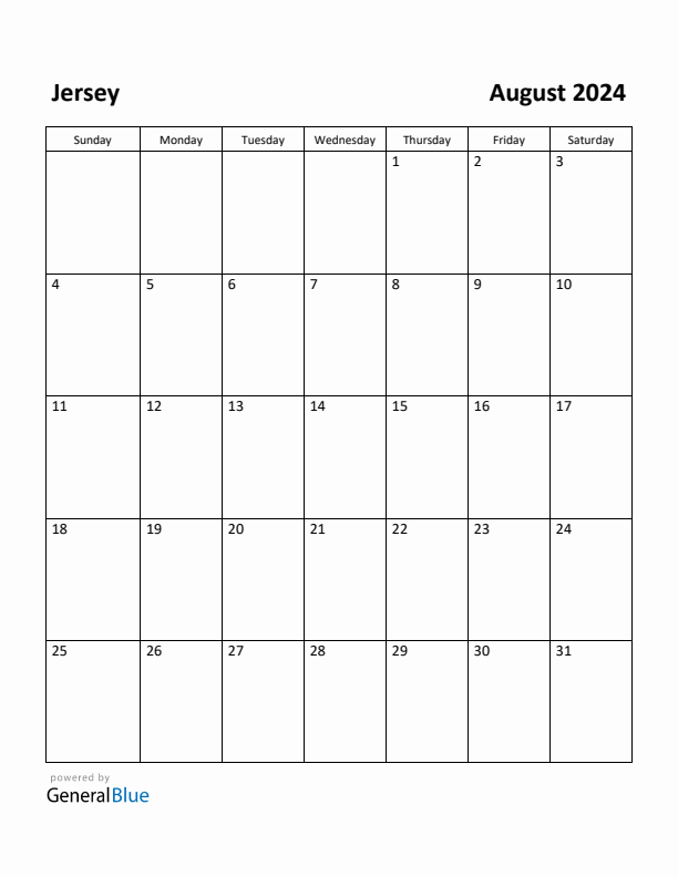 August 2024 Calendar with Jersey Holidays