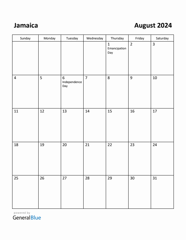 August 2024 Calendar with Jamaica Holidays
