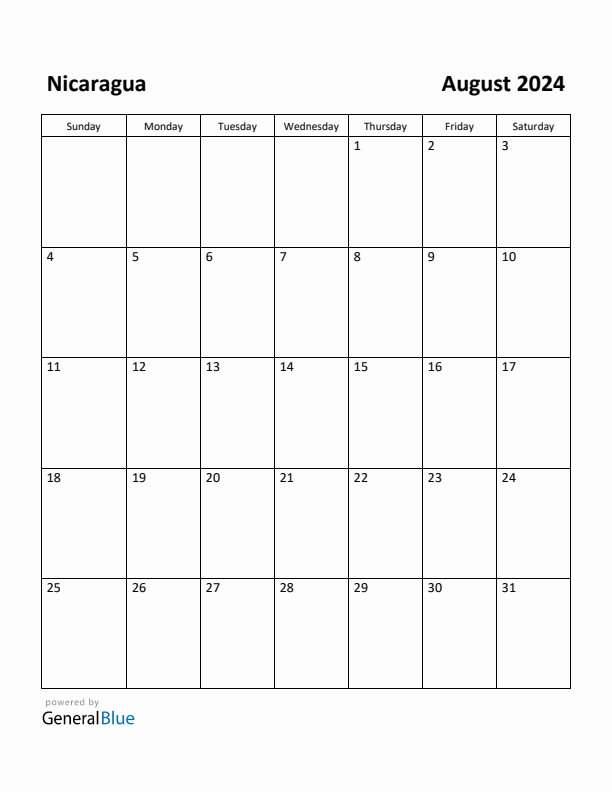 August 2024 Calendar with Nicaragua Holidays