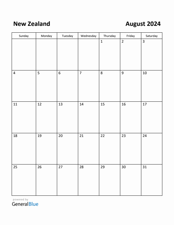 Free Printable August 2024 Calendar for New Zealand
