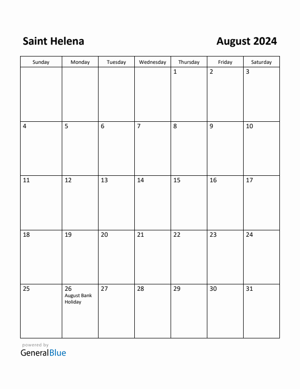 August 2024 Calendar with Saint Helena Holidays
