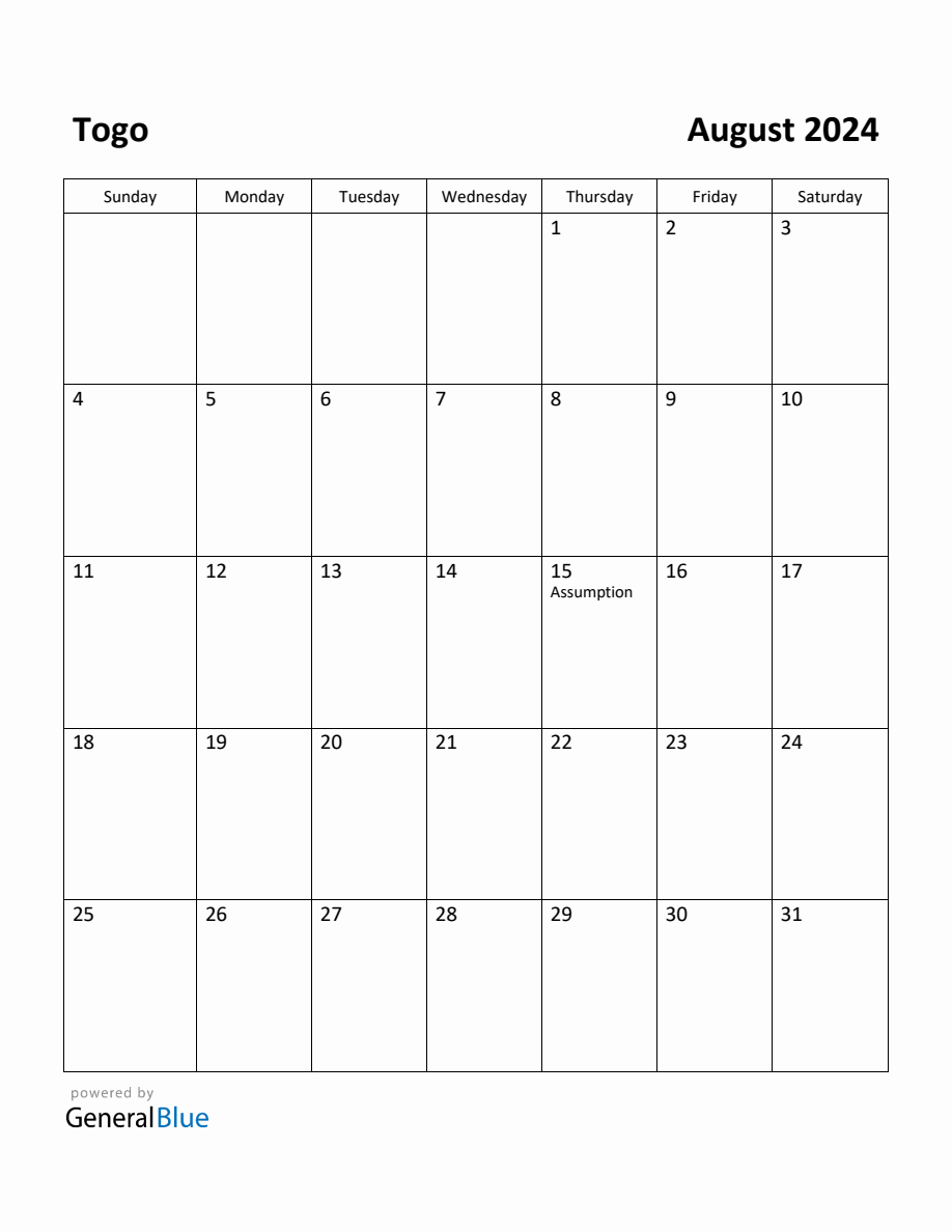 Free Printable August 2024 Calendar for Togo