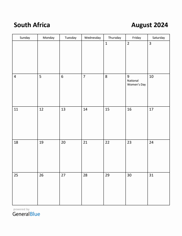 Free Printable August 2024 Calendar for South Africa