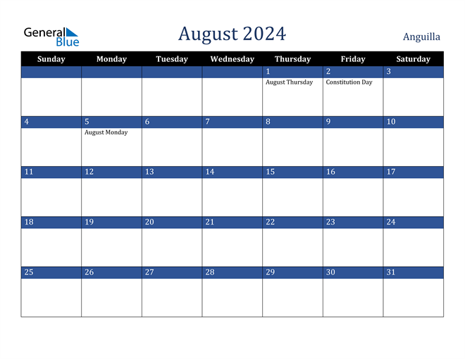 Anguilla August 2024 Calendar with Holidays