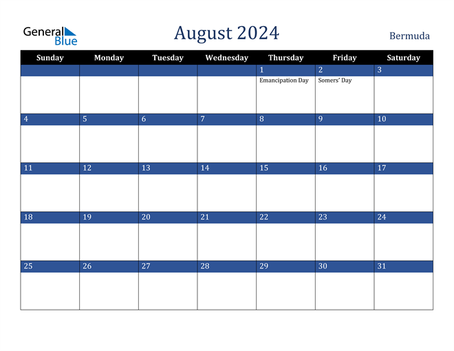 Bermuda August 2024 Calendar with Holidays