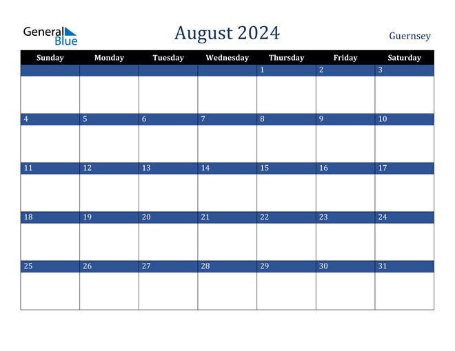Guernsey August 2024 Calendar with Holidays