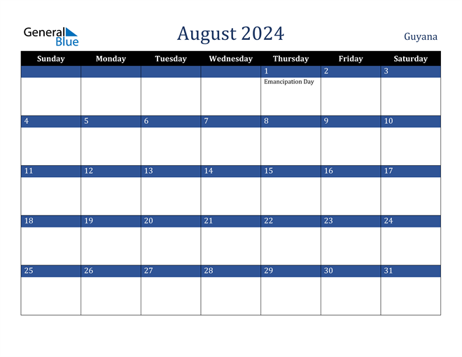 Guyana August 2024 Calendar with Holidays