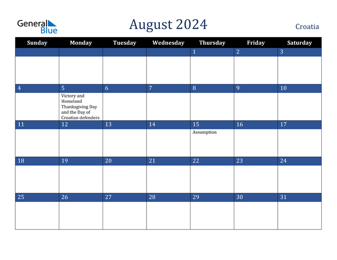 August 2024 Croatia Calendar