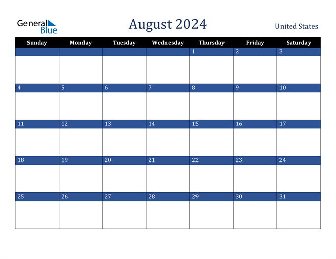 United States August 2024 Calendar with Holidays