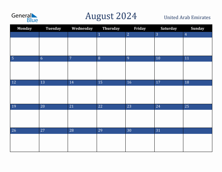 August 2024 United Arab Emirates Calendar (Monday Start)
