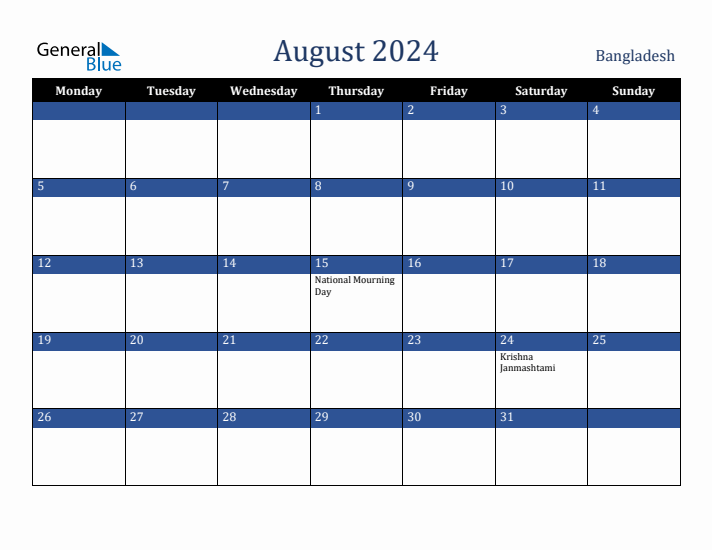 August 2024 Bangladesh Calendar (Monday Start)