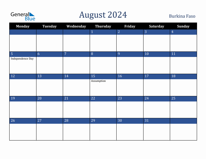 August 2024 Burkina Faso Calendar (Monday Start)