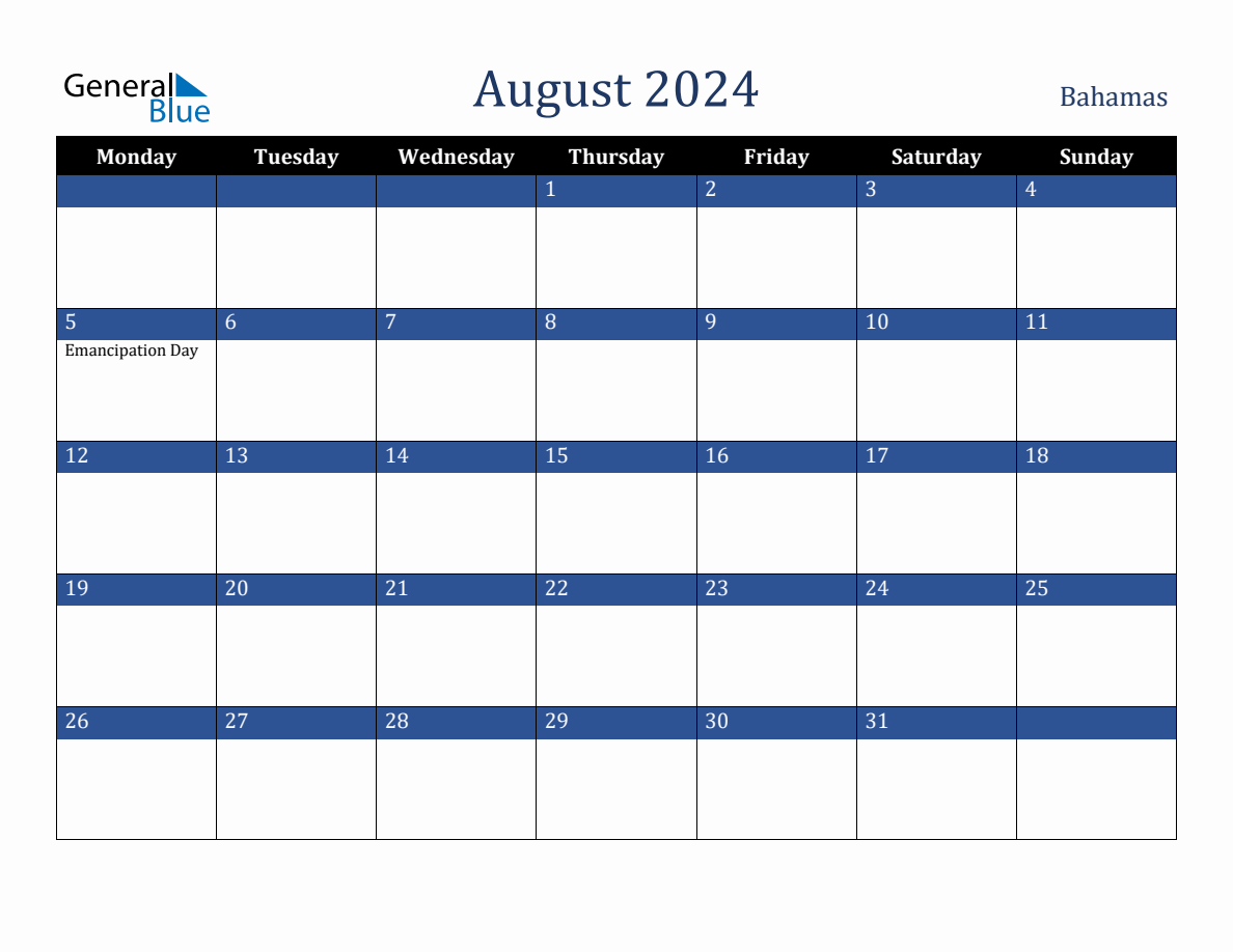 August 2024 Bahamas Holiday Calendar