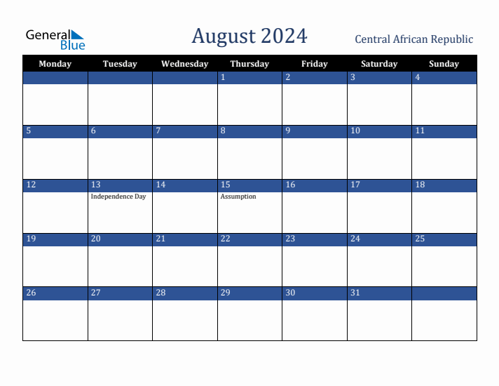 August 2024 Central African Republic Calendar (Monday Start)