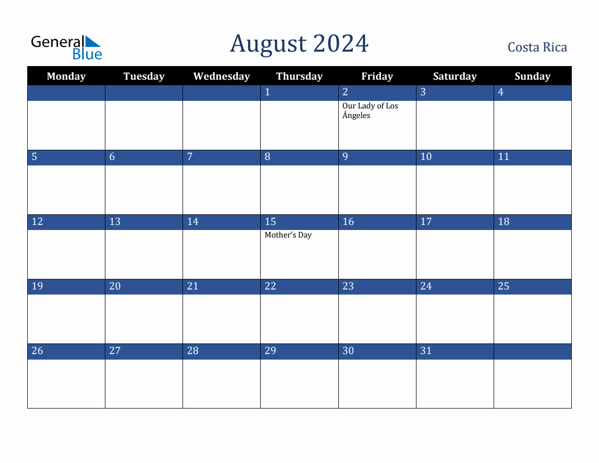 August 2024 Costa Rica Holiday Calendar