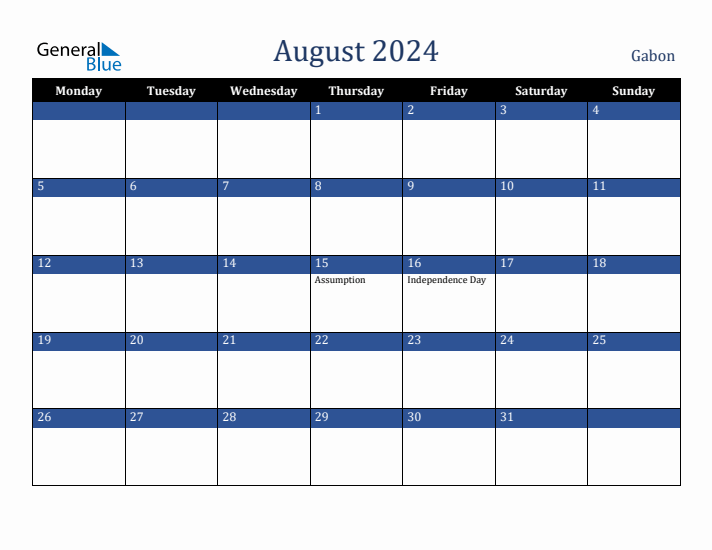 August 2024 Gabon Calendar (Monday Start)