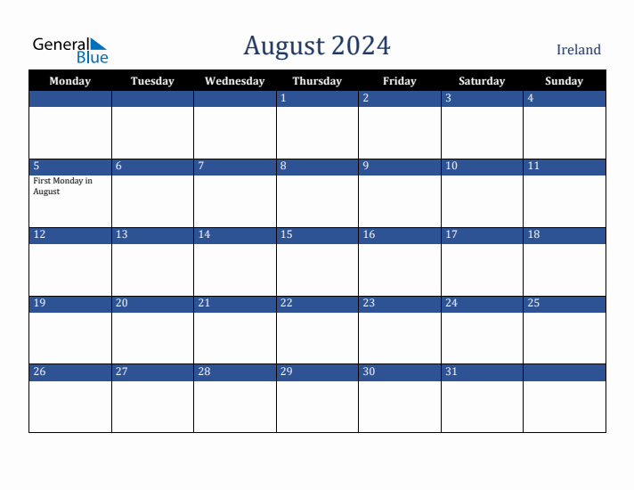 August 2024 Ireland Calendar (Monday Start)