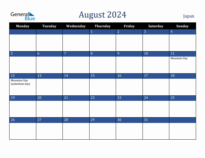 August 2024 Japan Calendar (Monday Start)