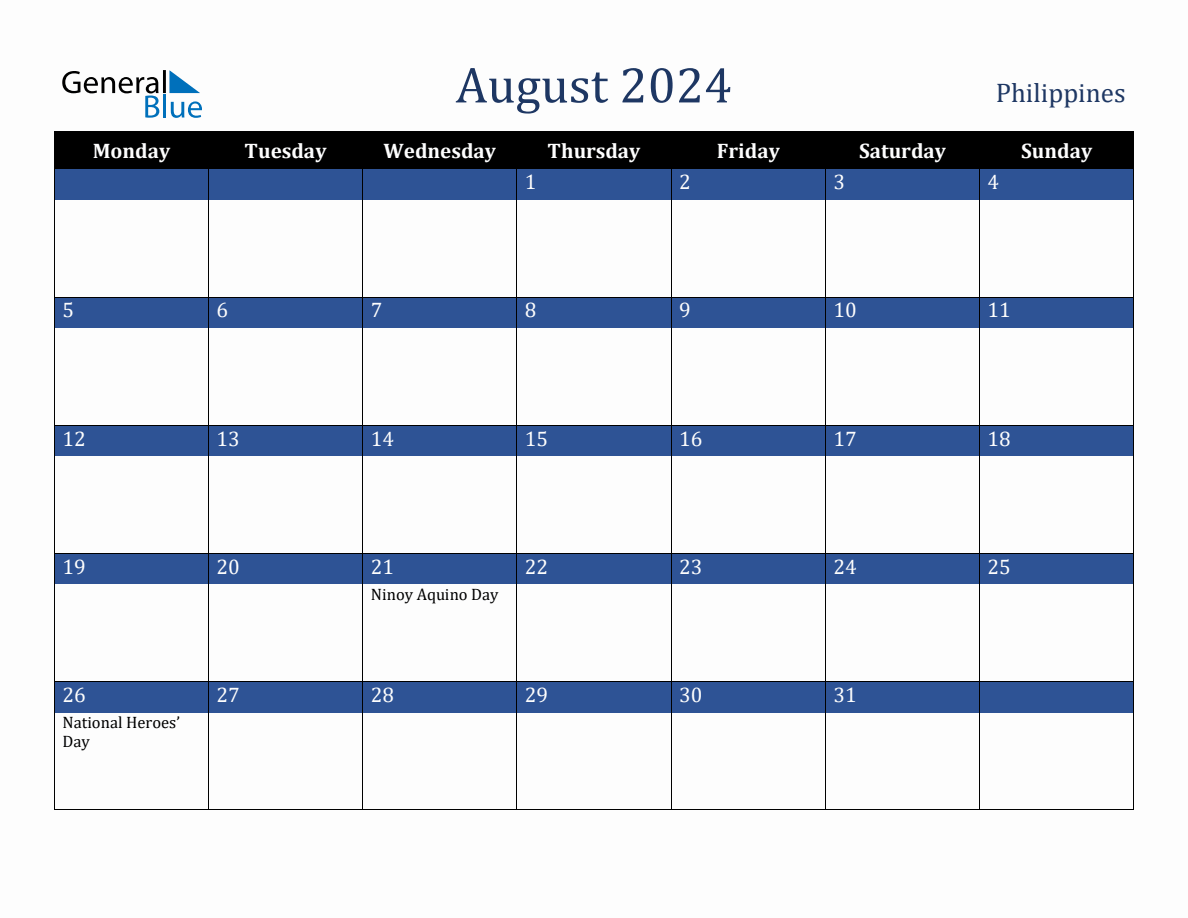 August 2024 Philippines Holiday Calendar