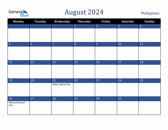 August 2024 Philippines Calendar (Monday Start)