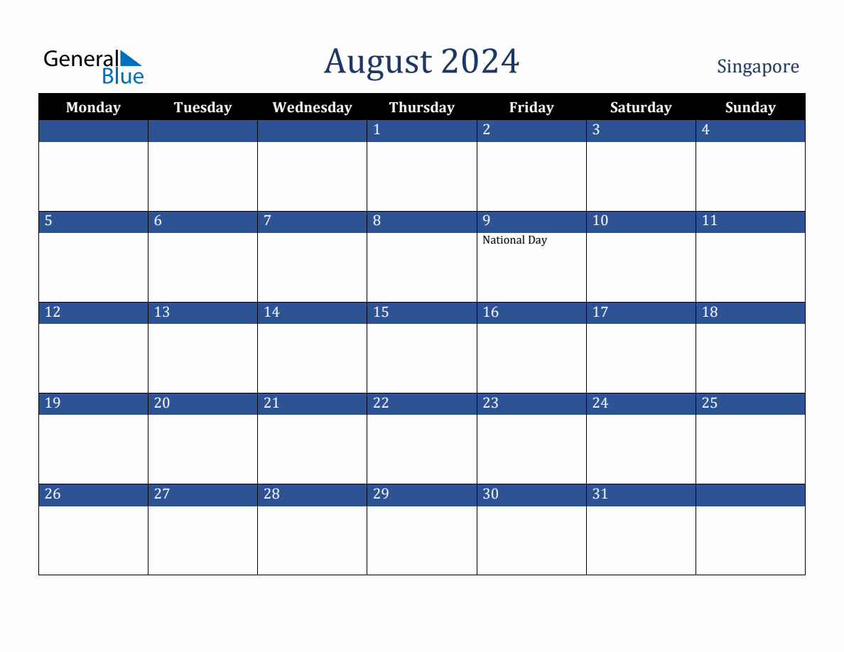 August 2024 Singapore Holiday Calendar