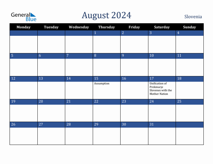 August 2024 Slovenia Calendar (Monday Start)