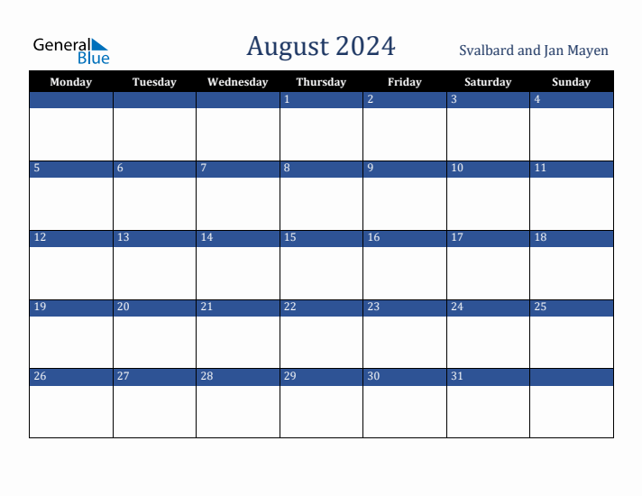 August 2024 Svalbard and Jan Mayen Calendar (Monday Start)