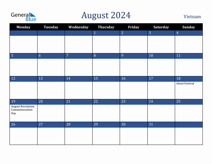 August 2024 Vietnam Calendar (Monday Start)