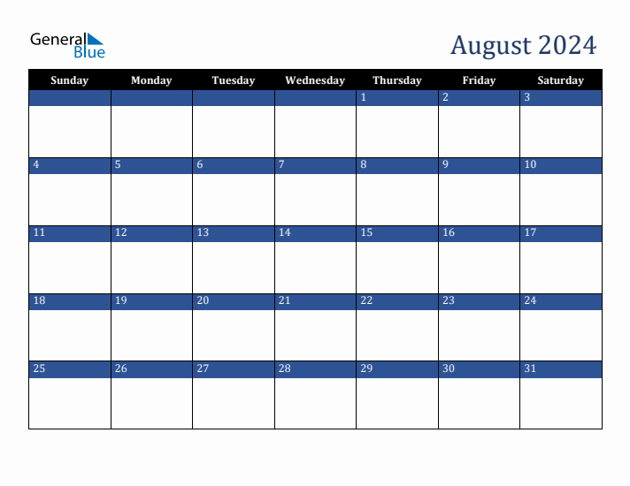 Sunday Start Calendar for August 2024