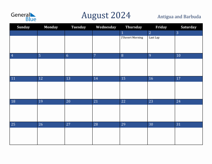 August 2024 Antigua and Barbuda Calendar (Sunday Start)
