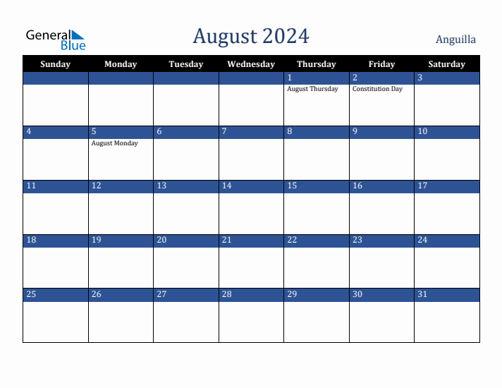 August 2024 Anguilla Calendar (Sunday Start)
