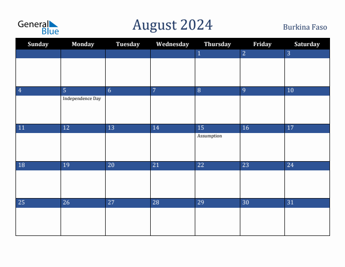 August 2024 Burkina Faso Calendar (Sunday Start)