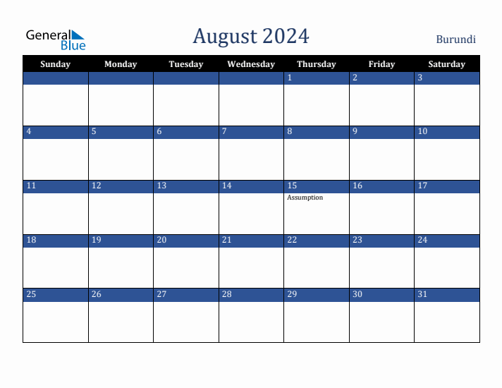 August 2024 Burundi Calendar (Sunday Start)
