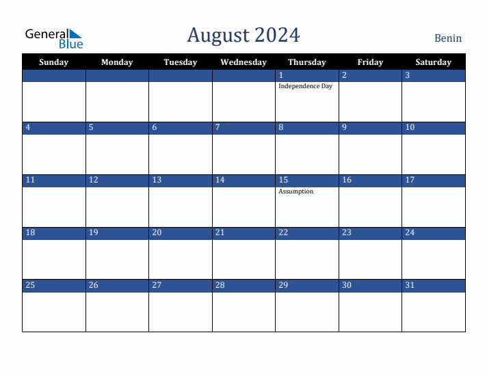 August 2024 Benin Calendar (Sunday Start)