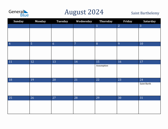 August 2024 Saint Barthelemy Calendar (Sunday Start)
